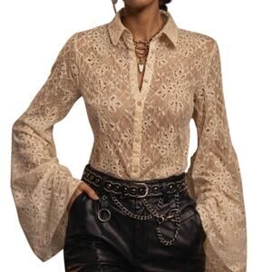 forte_forte Italian Lace Button Up Blouse Cream Sheer Bell Sleeve Designer Top L
